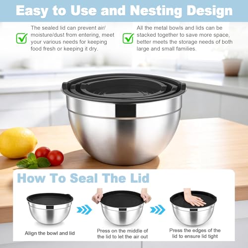 Mixing Bowls Stainless Steel Nesting Salad Bowls with Airtight Lids Set