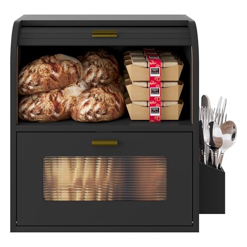 Roll Top Bread Box for Kitchen Countertop (Black)