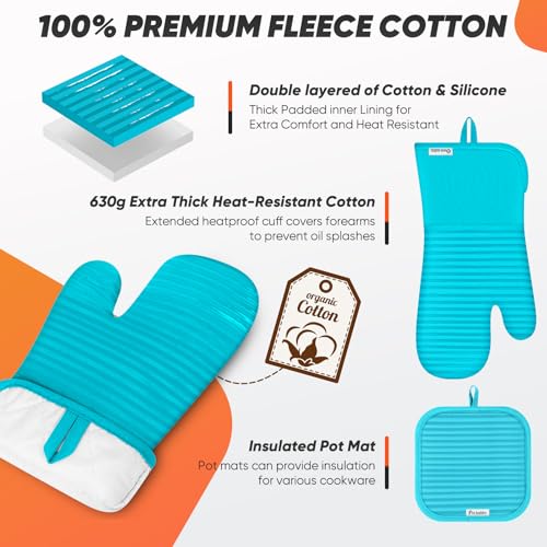 Oven Mitts Kitchen Towels and Dishcloths with Pot Holders Sets (Lake Blue)