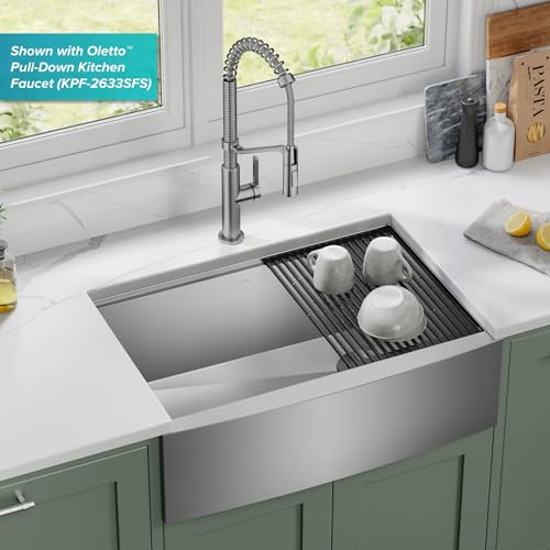 Kore 30 Inch Rounded Farmhouse Workstation with In Sink Dish Drying Rack (30 Inch / Rounded Farmhouse / Stainless Steel)