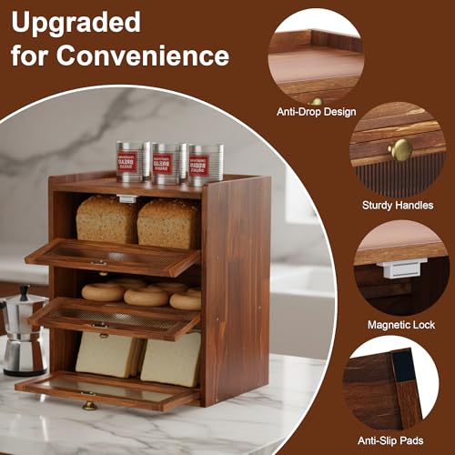 3 Layer Wooden Bread Box with Acrylic Window (3 Layer)
