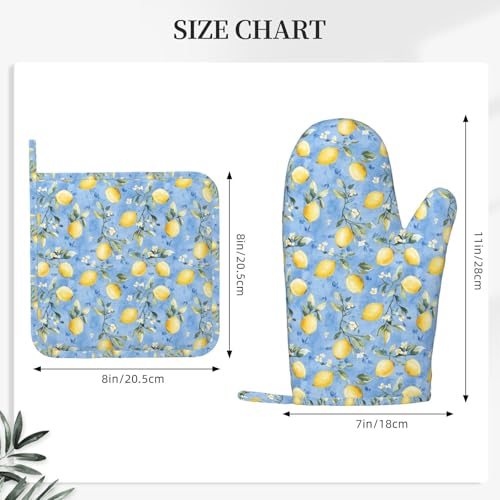 Oven Mitts Pot Holders Set Watercolor Lemon Flower Blue Silicone Kitchen Gloves Potholders Heat Resistant for Chef Baking Cooking Grilling BBQ 4 Pack Mitt (B016)