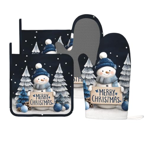 Oven Mitts and Pot Holders Set Snowman Christmas Black Silicone Kitchen Accessories 4 Piece Heat Resistant Long Gloves Potholder Non (C02)