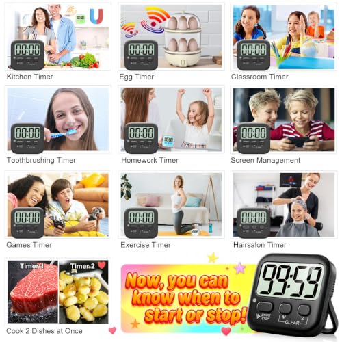 2 Pack Digital Timer for Kids Classroom Kitchen Timers for Cooking (2 * Rich Black)