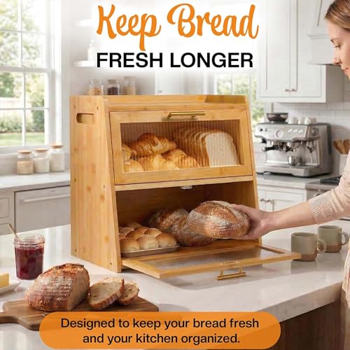Extra Large Bamboo Bread Box for Kitchen Countertop