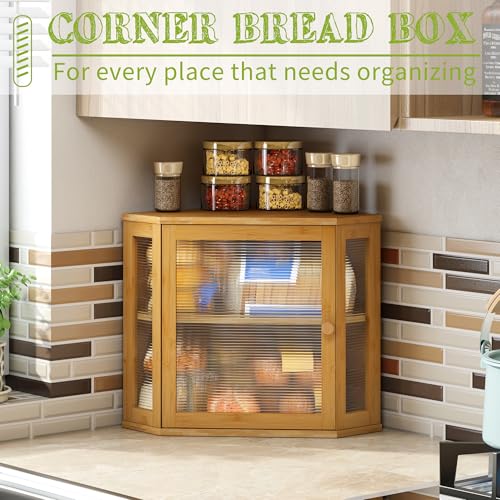 Corner Bread Box for Kitchen Countertop Double Layer Bamboo Wooden Bread box Large Capacity Bread Storage Bin (Natural / Medium)