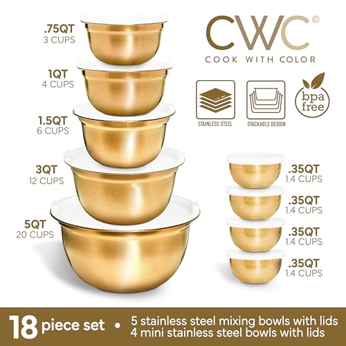 18 Piece Mixing Bowls Set with Airtight Lids (Gold)