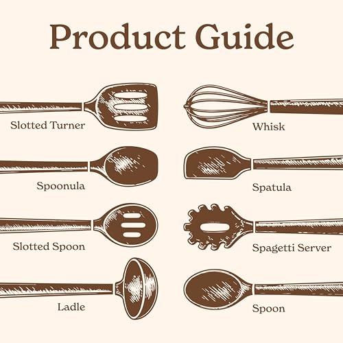 Non Stick Silicone Utensil Set with Rounded Wood Handles for Cooking and Baking (8 Piece Set / Khaki)