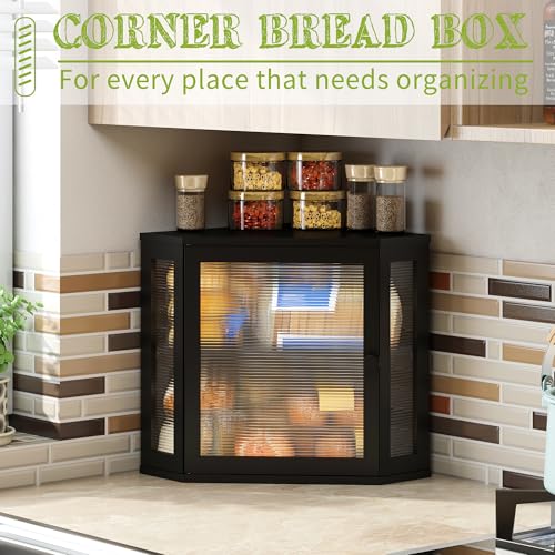 Corner Bread Box for Kitchen Countertop Double Layer Bamboo Wooden Bread box Large Capacity Bread Storage Bin (Black / Medium)
