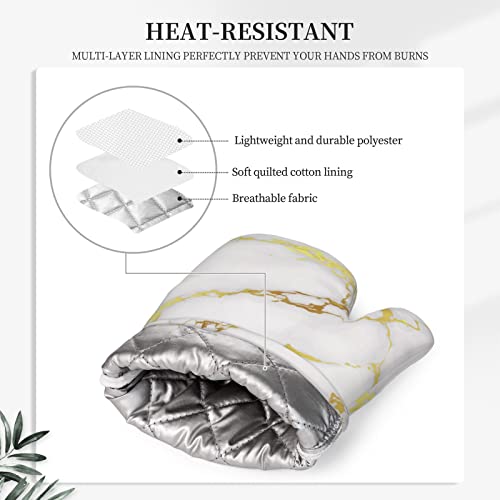 Marble Oven Mitts Pot Holders Set Silicone White Gold Kitchen Gloves Potholders Heat Resistant for Chef Baking Cooking Grilling BBQ 4 Pack Mitt (A2)