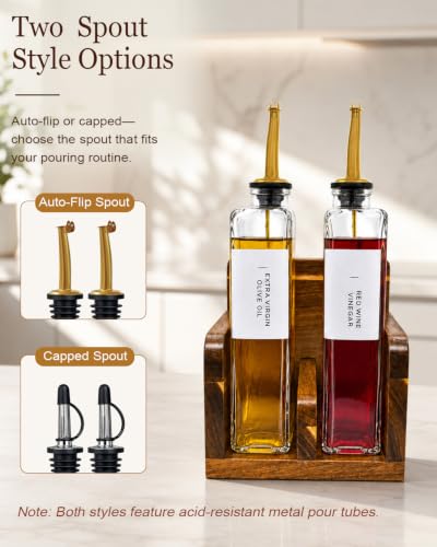 Glass Oil and Vinegar Dispenser Set with Acacia Wood Stand (Clear)