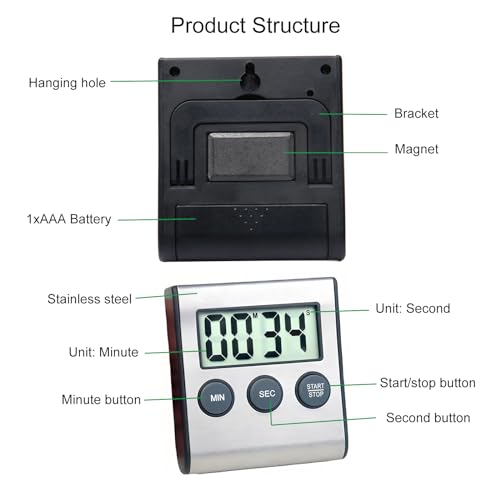2 Pack Digital Kitchen Timer with Magnetic Countdown Loud Alarm Hanging Hole Bracket Stainless Steel Battery Easy to Carry for Cooking Baking Sports (2 Pack)