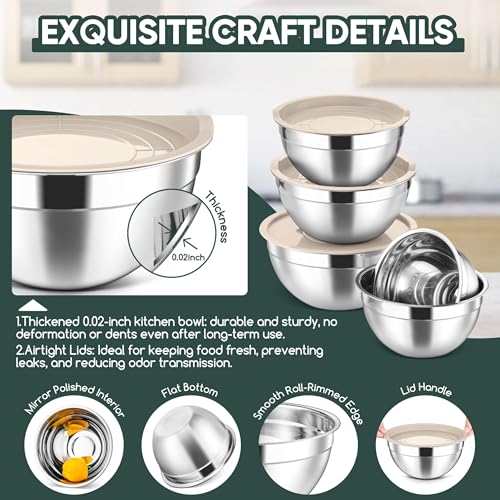 5 Piece Nesting Mixing Bowls with Lids (Khaki / 4.6, 3.5, 2.5, 2, 1.5QT)