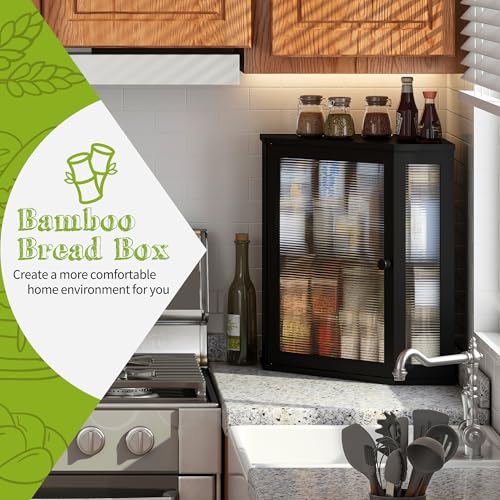 Corner Bread Box for Kitchen Countertop Double Layer Bamboo Wooden Bread box Large Capacity Bread Storage Bin (Black / Extra Large)