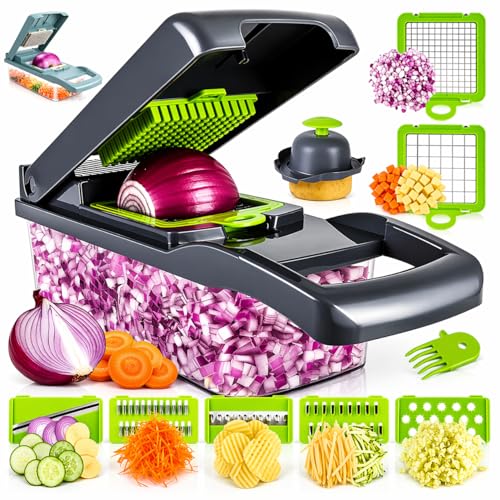16-in-1 Vegetable Chopper & Mandoline Slicer – Multi-Function Food Cutter with Container, Stainless Steel Blades, Onion Dicer, Veggie Cutter, Grater Kitchen Tool