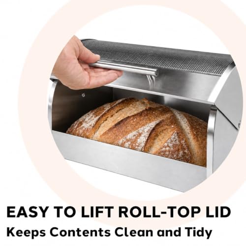 Stainless Steel Roll Top Bread Box for Kitchen Countertop with Tempered Glass Lid (15.25 x 8.25 x 8.25 inches / Roll top with Tempered Glass Lid)
