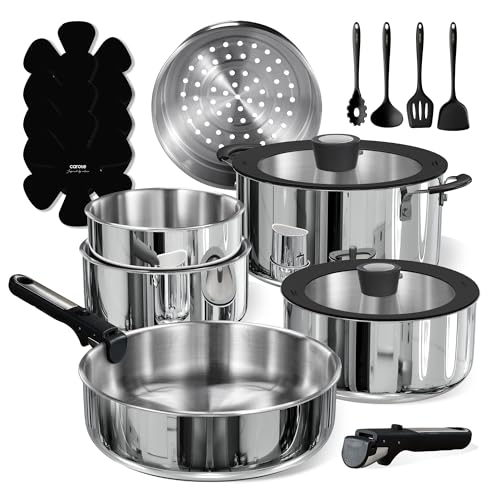 Tri Ply Stainless Steel Cookware Set with Detachable Handle