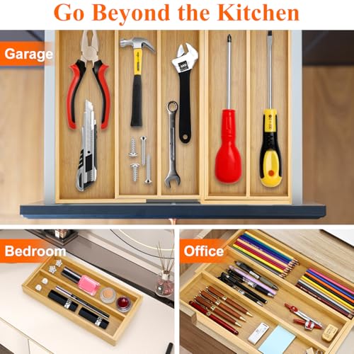 Bamboo Utensil Drawer Organizer Cutlery Tray Kitchen Tools Drawer Holder Expandable Silverware Organizer Tray for Saptula Spoon Large Cooking Utensils Organizer Adjustable Wooden Flatware Organizer