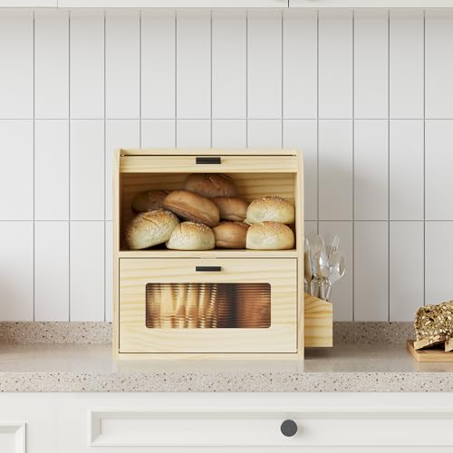 Roll Top Bread Box for Kitchen Countertop (Wood Color)