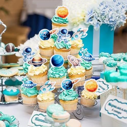 40 Pack Edible Space Astronaut Cupcake Toppers Solar System Galaxy Universe Planets Glutinous Rice Paper Outer Space Planet Themed Birthday Party Cake Decorations Supplies