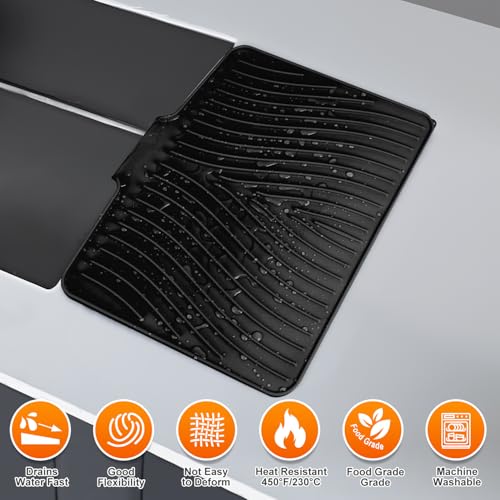 Silicone Dish Drying Mat for Kitchen counter (Black-Set / 19.7" x 17")