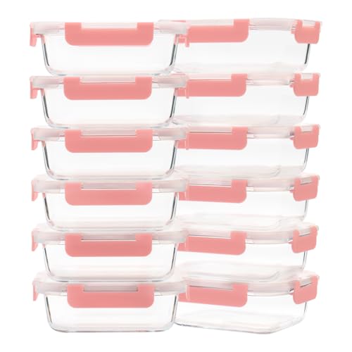 12-Pack, 22oz Glass Meal Prep Containers with Lids, Pink Set (22oz, 12 Pack - Pink Set, Same Size)