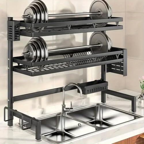 3 Tier Over Sink Dish Draining Rack Adjustable Width and Height with Phone Holder Cup Holder