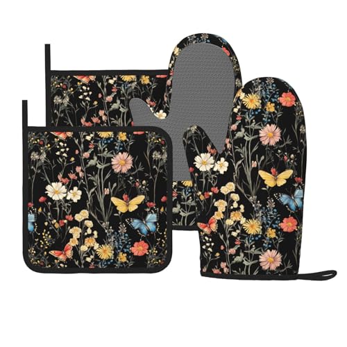 Oven Mitts Pot Holders Set Vintage Butterfly Flower Botanical Silicone Kitchen Gloves Potholders Heat Resistant for Chef Baking Cooking Grilling BBQ 4 Pack Mitt (B017)