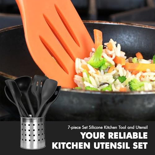 Premium Silicone Kitchen Tools and Utensils Set (7 Piece Set / Black)