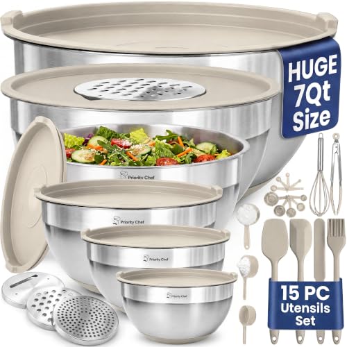 6Pc Stainless Steel Mixing Bowls with Lids Set (Khaki)