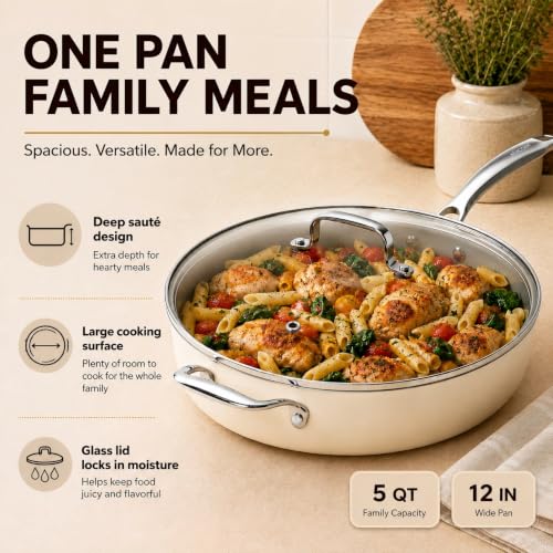 12 INCH Ceramic Nonstick Deep Frying Pan with Lid (Cream & Grey / 12 Inch /5 QT)