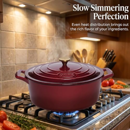 La Cuisine Enameled Cast Iron Oval Dutch Oven Casserole Dish Pot with Lid 6.75 QT Internal Matt Black Enamel Coating Gold (6.75 QT Oval / Cranberry)