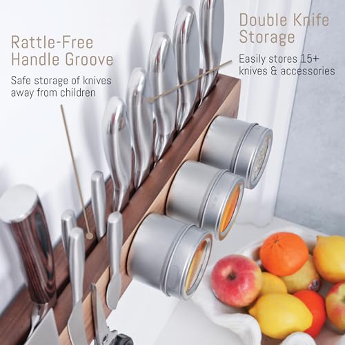 Walnut 16 inch Magnetic Knife Holder for Wall with 2x Storage & Charming Wood (Walnut Wood / 16" w/ Wall Mount)