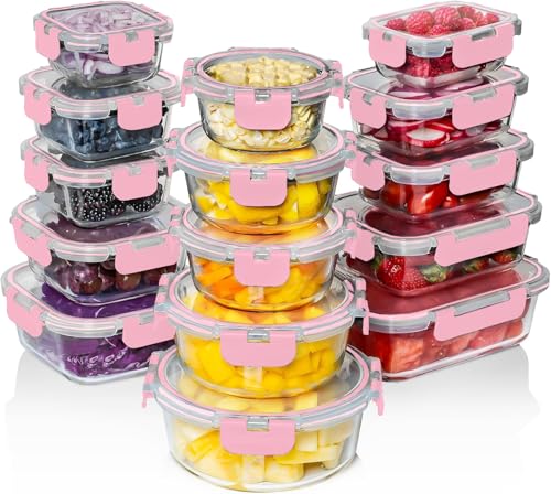 30 PC Glass Food Storage Containers with Lids (Pink)