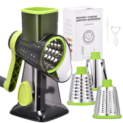 Rotary Cheese Grater with Handle Kitchen Shredder Slicer Grater Slicer Ice Shaver Cheese Vegetable Nuts Potato Zucchini Chocolate 3 Interchangeable Blades
