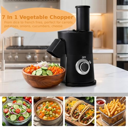 7 In 1 Vegetable Chopper Electric Veggie Onion French Fry Cutter Garlic Mincer Potato Slicer Food Vegetable Dicer Cheese Grater Carrot Shredder Kitchen Gadgets Essentials House Warming Gifts New Home (Black)
