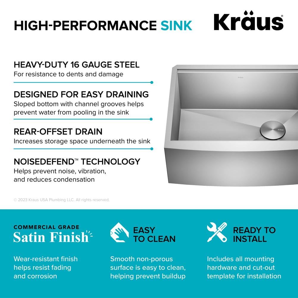 Kore 24 Inch Farmhouse Workstation 16 Gauge Single Bowl Stainless Steel Kitchen Sink with Accessories (24 Inch / Rounded Farmhouse / Stainless Steel)
