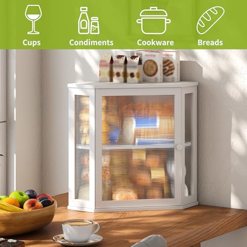 Corner Bread Box for Kitchen Countertop Double Layer Bamboo Wooden Bread box Large Capacity Bread Storage Bin (White / Extra Large)