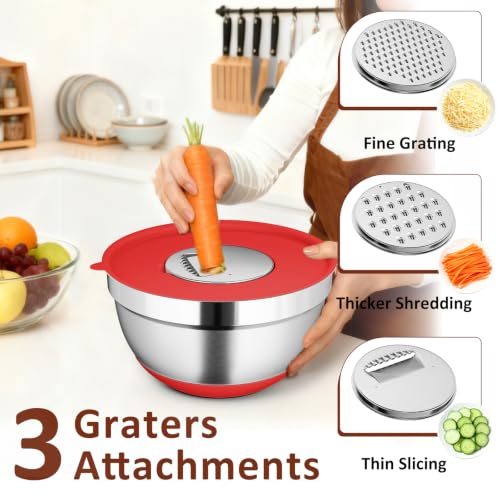 9 Pack Mixing Bowls with Airtight Lids & Grater Attachments (Red)