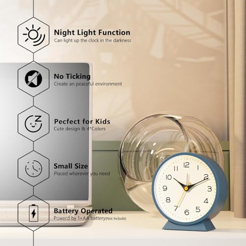4.5 inch Analog Alarm Clock 1 Year Warranty (Blue Round Alarm Clock)