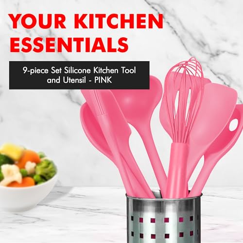 Premium Silicone Kitchen Tools and Utensils Set (9 Piece Set / Pink)