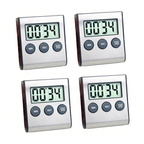 4 Pack Digital Timer with Magnetic Countdown Loud Alarm Hanging Hole Bracket Stainless Steel Battery Easy to Carry for Kitchen Cooking Baking Sports (4 Pack)