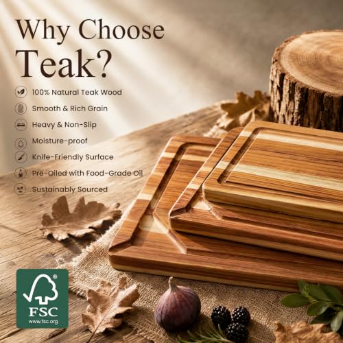 Teak Wood Cutting Board for Kitchen with Storage Stand (Teak brown / 3-Piece Cutting Board Set with Stand)