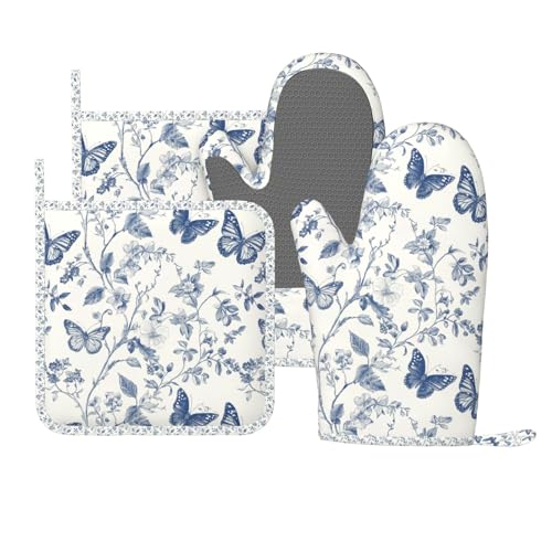 Oven Mitts and Pot Holders Butterfly Flower Vintage Blue Silicone Kitchen Accessories Set of 4 Heat Resistant Long Gloves Potholder Non (A066421)