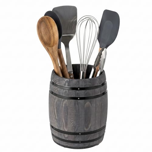 Rustic Wood Wine Barrel Design Kitchen Utensil Crock