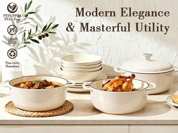6QT Enameled Cast Iron Dutch Oven with Lid (Cream White)