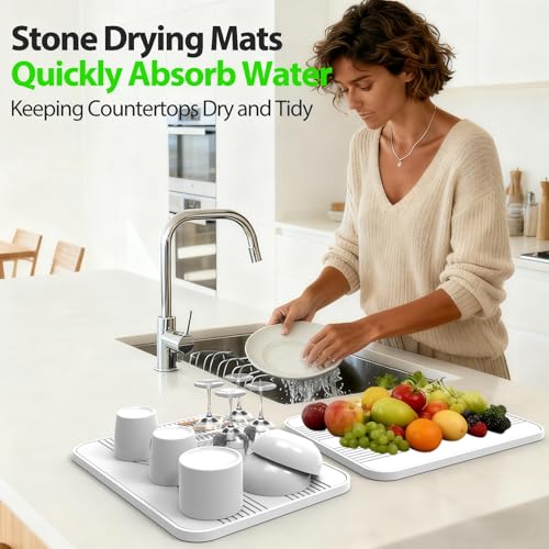 2 PCS Stone Dish Drying Mat ＆ Silicone Mat for Kitchen Counter (White / 16.1" x 12.4")