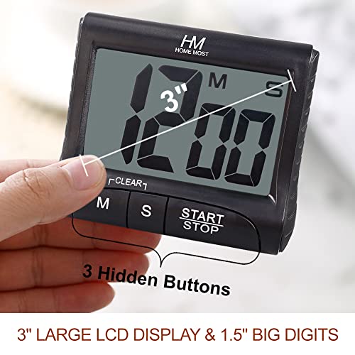 3" Large Display Kitchen Timer (.Matte Black - Sleek Design - 3 Big No Show Function Buttons / 3" Large LCD Display - 1.5" Big Digits -Loud Alarm)