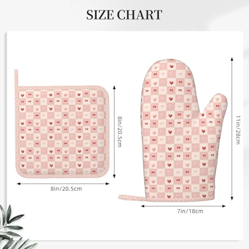 Oven Mitts Pot Holders Set Plaid Pink Heart Bow Pattern Silicone Kitchen Gloves Potholders Heat Resistant for Chef Baking Cooking Grilling BBQ 4 Pack Mitt (B0116)