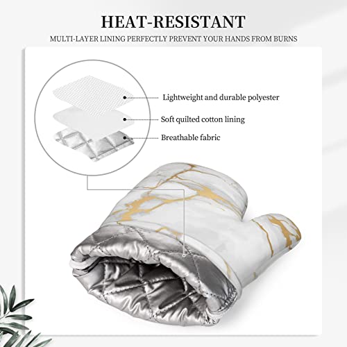 Oven Mitts and Pot Holders Marble White Gold Silicone Kitchen Accessories Set of 4 Heat Resistant Long Gloves Potholder Non (A06)